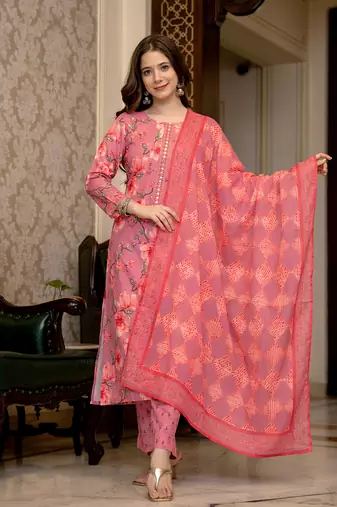 pink poly rayon floral printed straight kurta trousers with dupatta