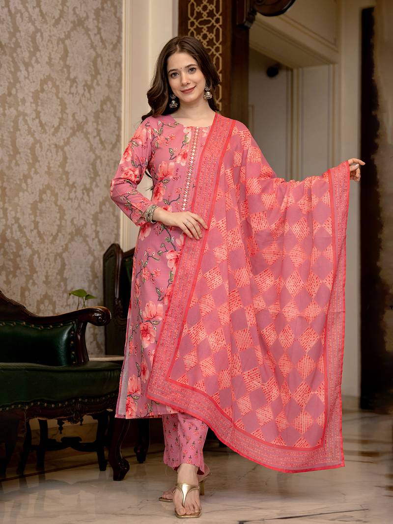 pink poly rayon floral printed straight kurta trousers with dupatta