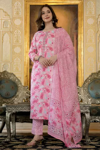 women pink poly rayon floral printed straight kurta trouser with dupatta