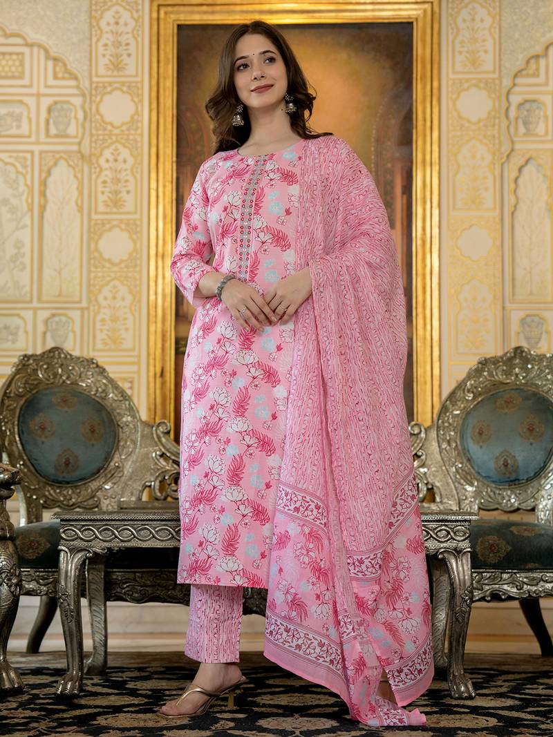 women pink poly rayon floral printed straight kurta trouser with dupatta