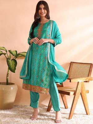 women sea green silk blend ethnic motifs woven design straight kurta trousers with dupatta 6