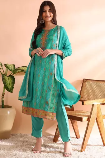 women sea green silk blend ethnic motifs woven design straight kurta trousers with dupatta