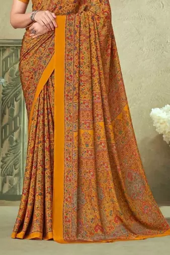 Mustard,Red Batilk Crepe Silk Printed Saree,Sari Comes With Blouse