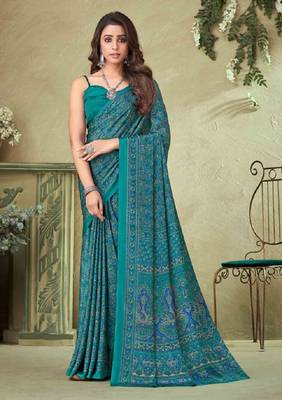 Teal Green Batik Crepe Silk Printed Saree With Blouse 1