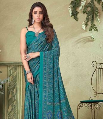 Teal Green Batik Crepe Silk Printed Saree With Blouse 2