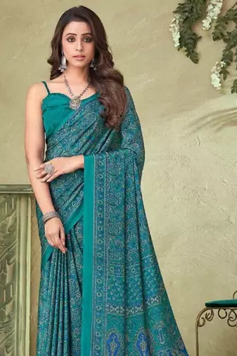 Teal Green Batik Crepe Silk Printed Saree With Blouse