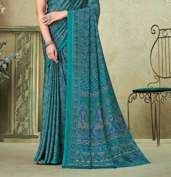 Teal Green Batik Crepe Silk Printed Saree With Blouse 3