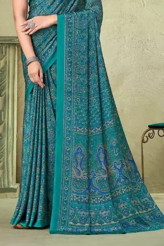 Teal Green Batik Crepe Silk Printed Saree With Blouse