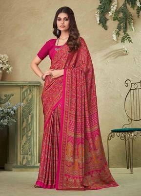 Pink Batilk Crepe Silk Printed Saree,Sari Comes With Blouse 1