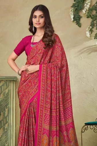 Pink Batilk Crepe Silk Printed Saree,Sari Comes With Blouse