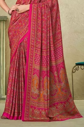 Pink Batilk Crepe Silk Printed Saree,Sari Comes With Blouse