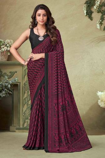 Red,Black Batilk Crepe Silk Printed Saree,Sari Comes With Blouse