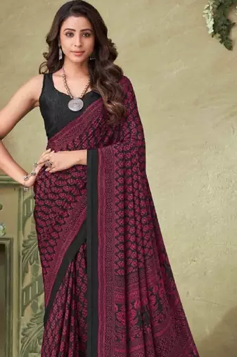Red,Black Batilk Crepe Silk Printed Saree,Sari Comes With Blouse
