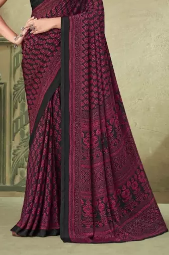 Red,Black Batilk Crepe Silk Printed Saree,Sari Comes With Blouse