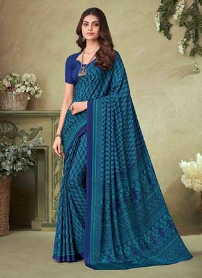 Blue Batilk Crepe Silk Printed Saree,Sari Comes With Blouse 1