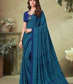 Blue Batilk Crepe Silk Printed Saree,Sari Comes With Blouse
