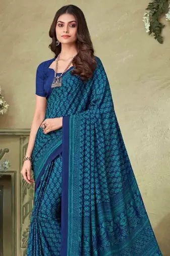 Blue Batilk Crepe Silk Printed Saree,Sari Comes With Blouse