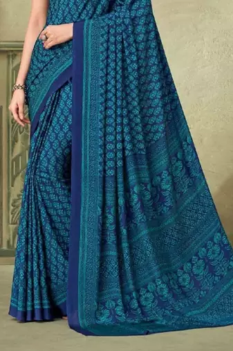 Blue Batilk Crepe Silk Printed Saree,Sari Comes With Blouse