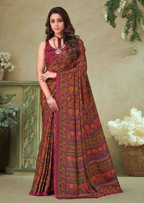 Mustard,Peach Batilk Crepe Silk Printed Saree,Sari Comes With Blouse 1