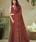 Mustard,Peach Batilk Crepe Silk Printed Saree,Sari Comes With Blouse