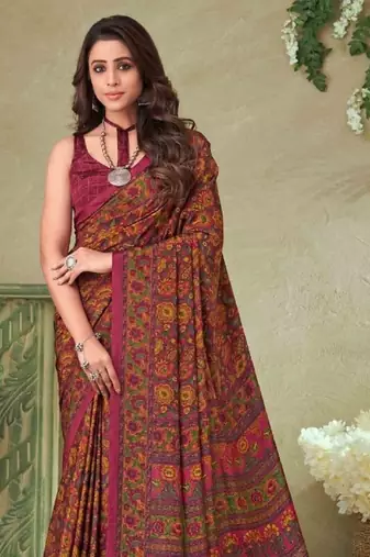 Mustard,Peach Batilk Crepe Silk Printed Saree,Sari Comes With Blouse