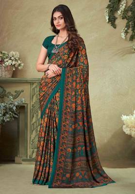 Mustard,Green Batilk Crepe Silk Printed Saree,Sari Comes With Blouse 1