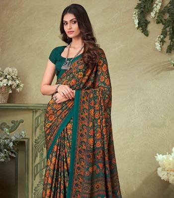 Mustard,Green Batilk Crepe Silk Printed Saree,Sari Comes With Blouse 2