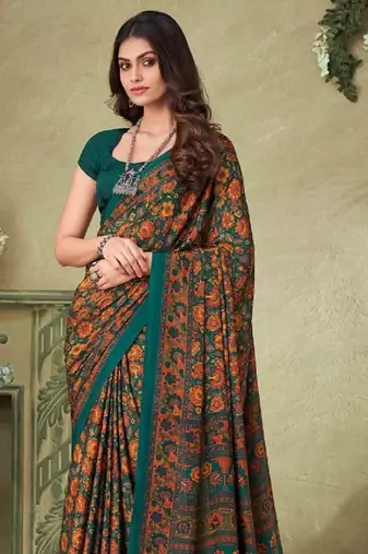 Mustard,Green Batilk Crepe Silk Printed Saree,Sari Comes With Blouse