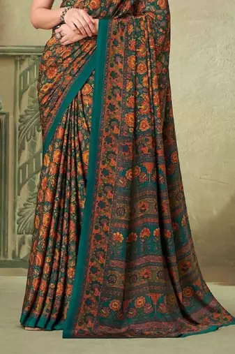 Mustard,Green Batilk Crepe Silk Printed Saree,Sari Comes With Blouse