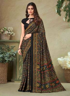 Black,Multi Batilk Crepe Silk Printed Saree,Sari Comes With Blouse 1