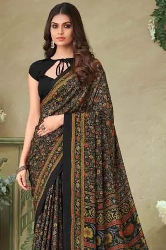 Black,Multi Batilk Crepe Silk Printed Saree,Sari Comes With Blouse