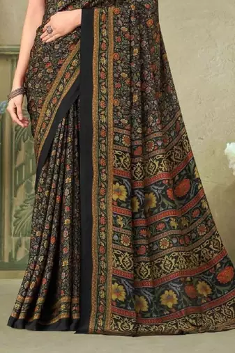 Black,Multi Batilk Crepe Silk Printed Saree,Sari Comes With Blouse