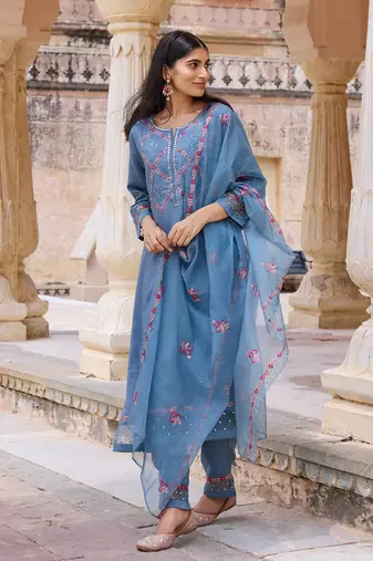 Women Blue solid silk blend embroidered fancy straight trousers with dupatta