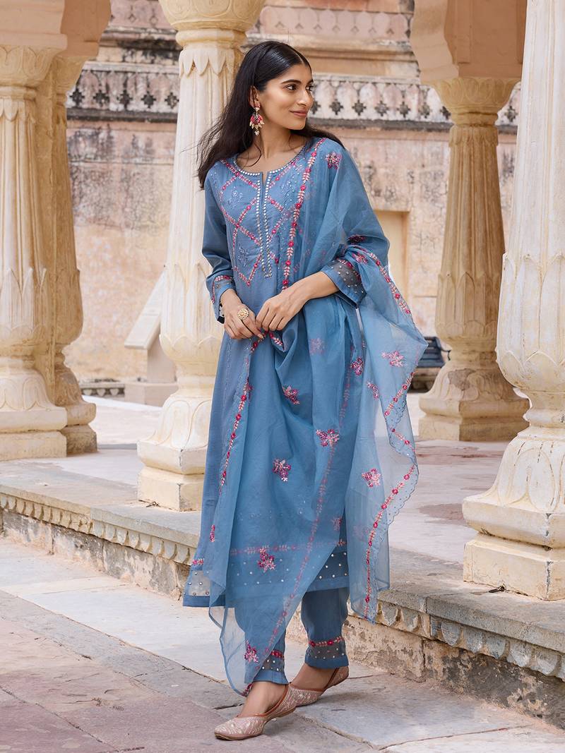 Women Blue solid silk blend embroidered fancy straight trousers with dupatta