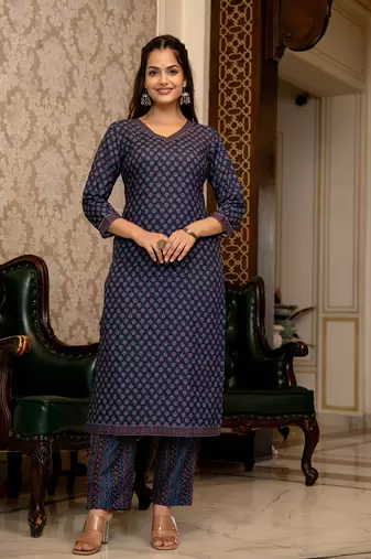 Navy blue printed cotton blend fancy straight trousers with dupatta