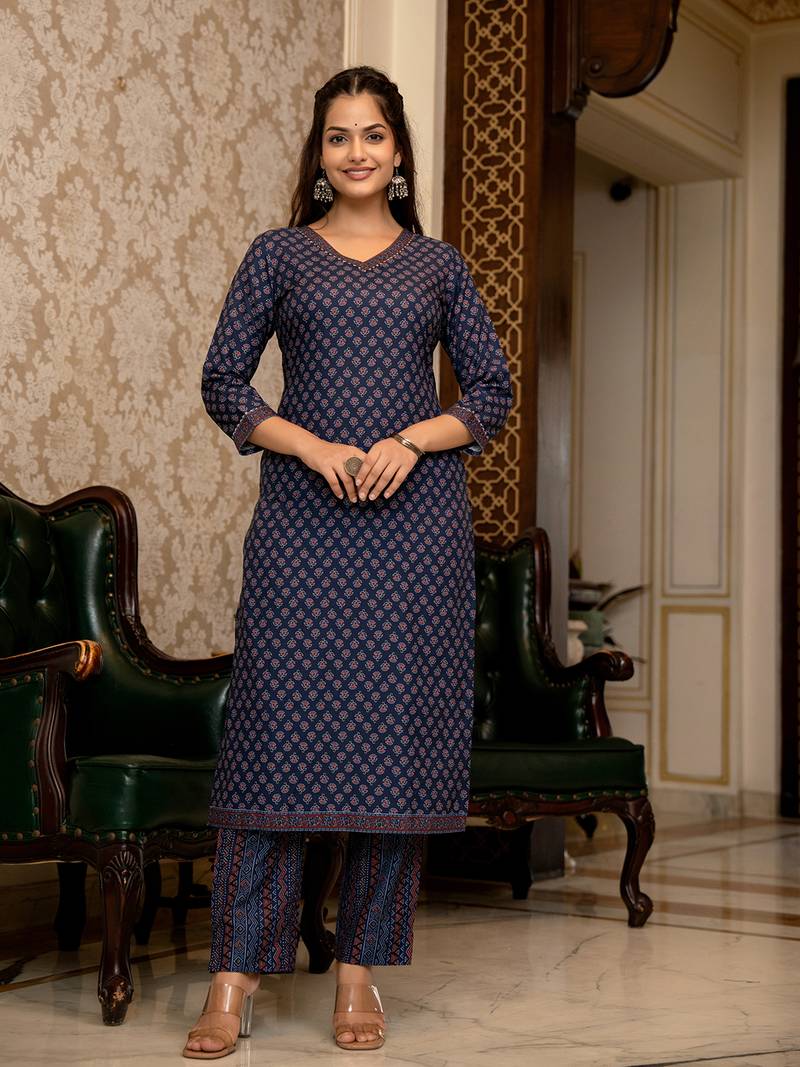 Navy blue printed cotton blend fancy straight trousers with dupatta