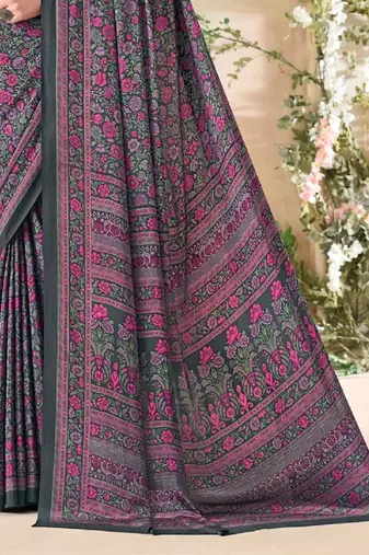 Grey,Pink Floral Crepe Silk Printed Saree With Blouse piece