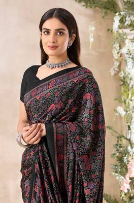 Black,Red Floral Crepe Silk Printed Saree,Sari Comes With Blouse 2