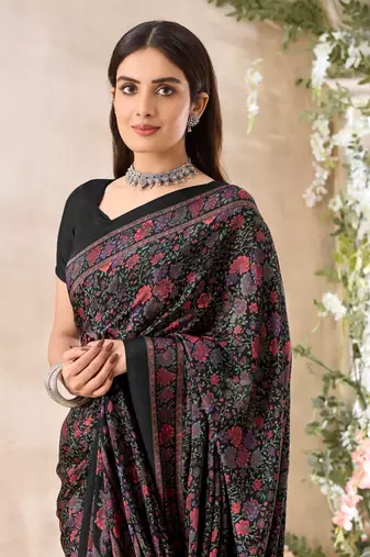 Black,Red Floral Crepe Silk Printed Saree,Sari Comes With Blouse