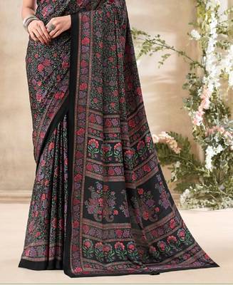 Black,Red Floral Crepe Silk Printed Saree,Sari Comes With Blouse 3
