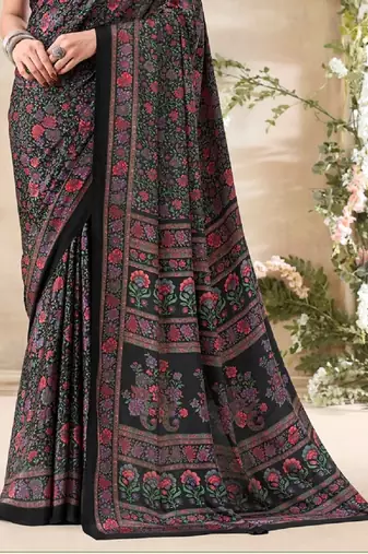 Black,Red Floral Crepe Silk Printed Saree,Sari Comes With Blouse