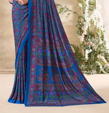 Royal Blue,Pink Floral Crepe Silk Printed Saree,Sari Comes With Blouse 3