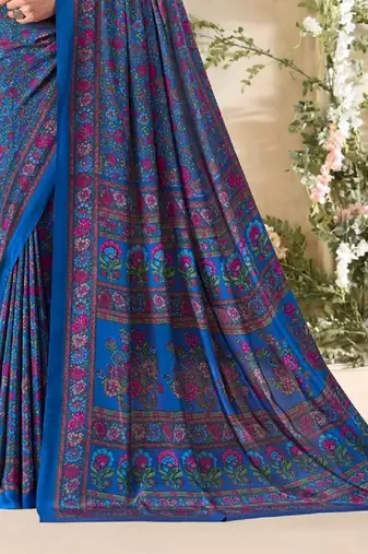 Royal Blue,Pink Floral Crepe Silk Printed Saree,Sari Comes With Blouse