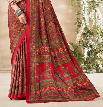 Red Floral Crepe Silk Printed Saree,Sari Comes With Blouse 3