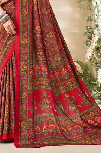 Red Floral Crepe Silk Printed Saree,Sari Comes With Blouse