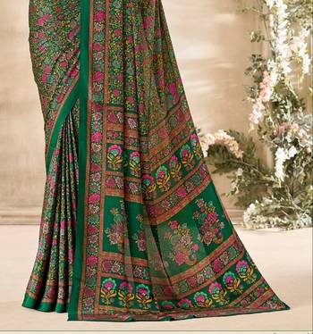 Dark Green,Beige  Floral Crepe Silk Printed Saree,Sari Comes With Blouse 3