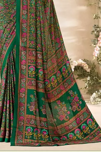 Dark Green,Beige  Floral Crepe Silk Printed Saree,Sari Comes With Blouse