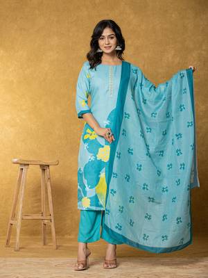  teal green linen kurta dupatta pant set 1