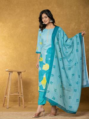  teal green linen kurta dupatta pant set 2
