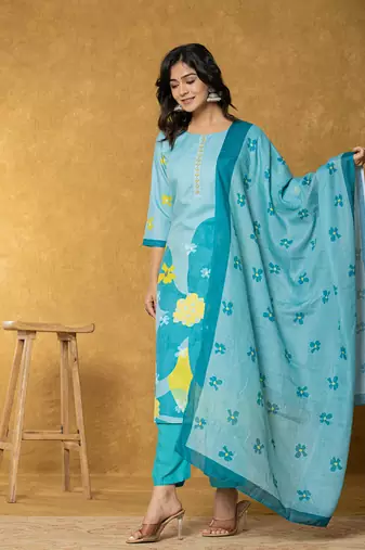  teal green linen kurta dupatta pant set